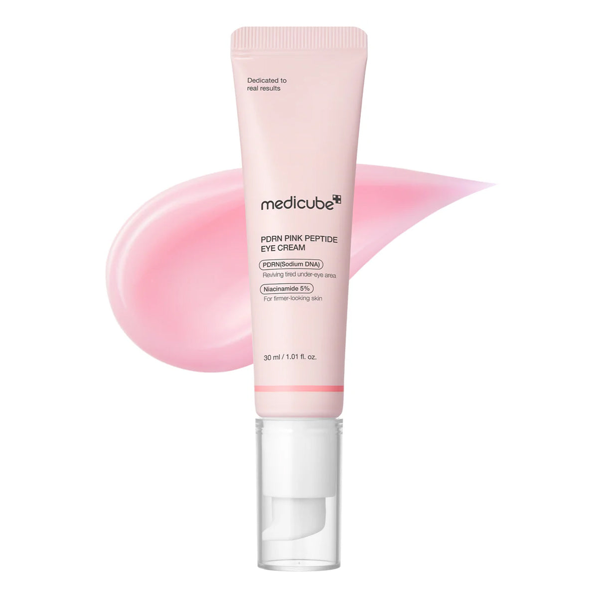 Medicube pink eye cream tube with pink cream smear on a white background