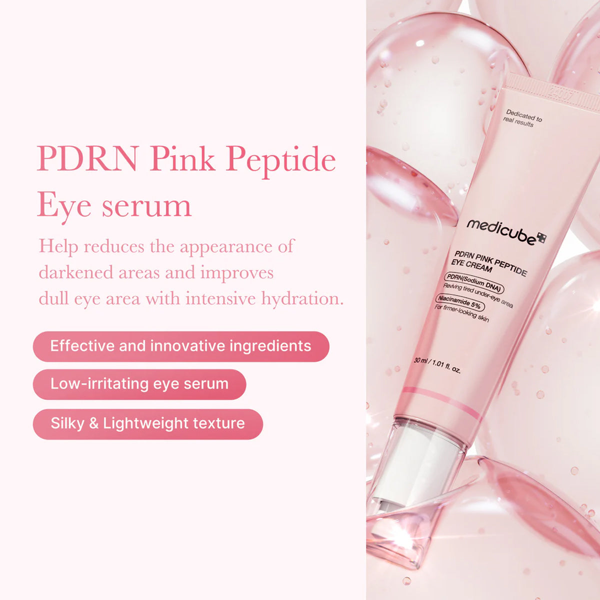 Pink Peptide Eye serum with product details on a light pink background