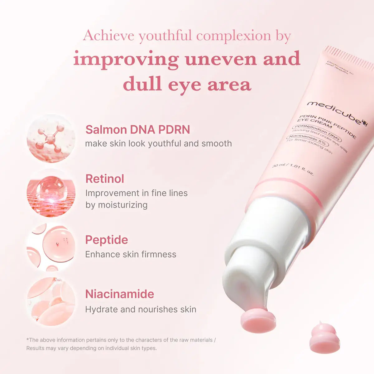 Pink skincare serum bottle with text on a white background
