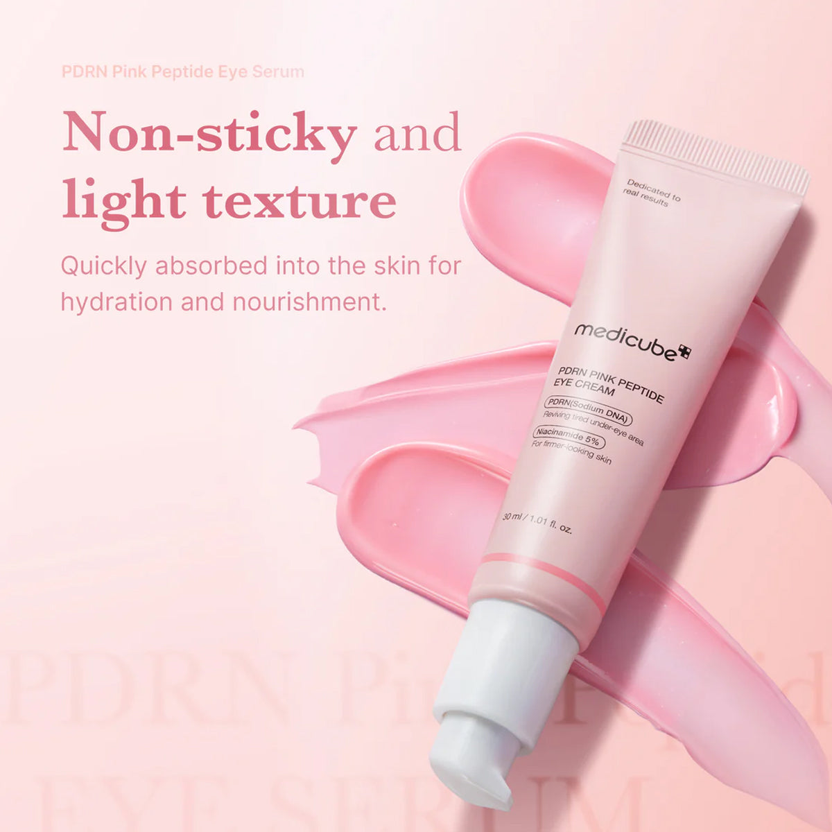 Medicube Pink Peptide Eye Serum on a pink background with text about non-sticky texture.