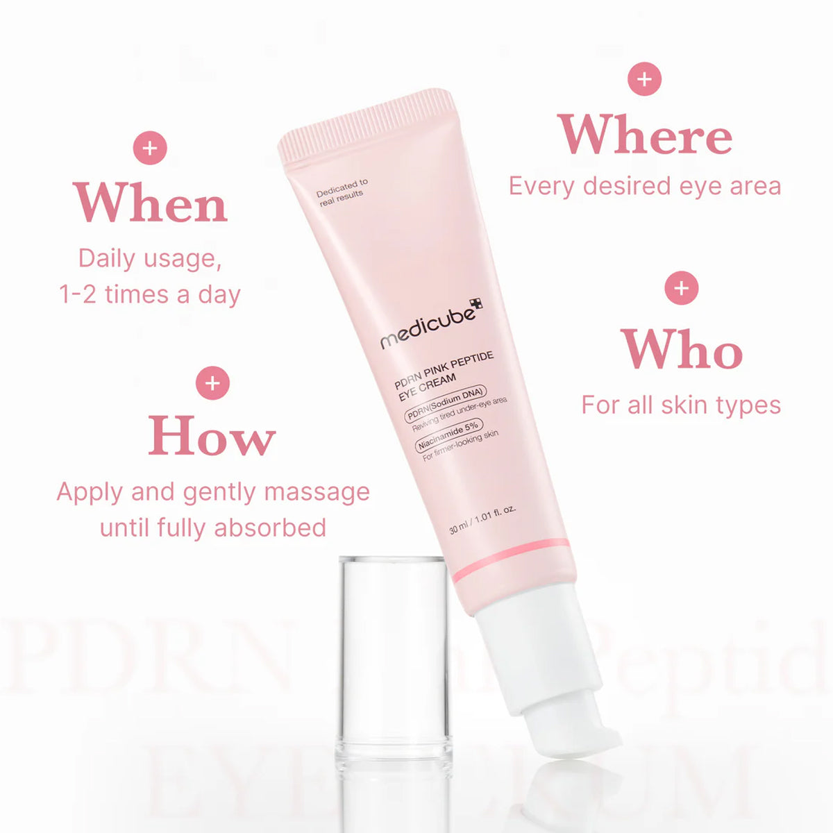 Pink eye cream tube with usage instructions on a white background