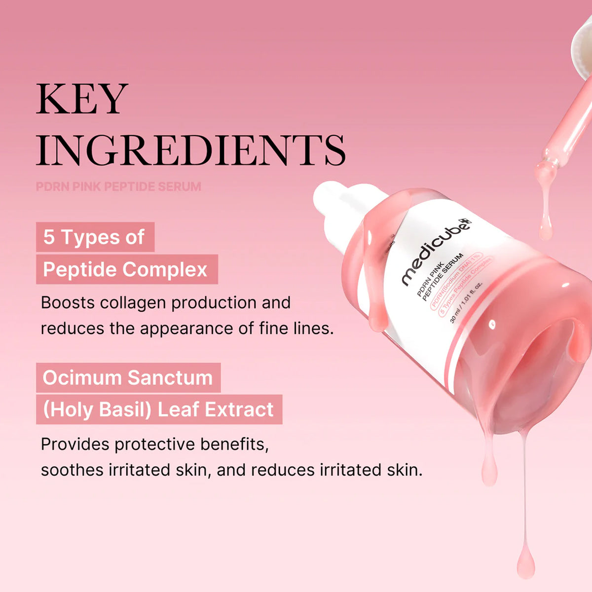 Pink serum bottle with key ingredients listed on a pink background