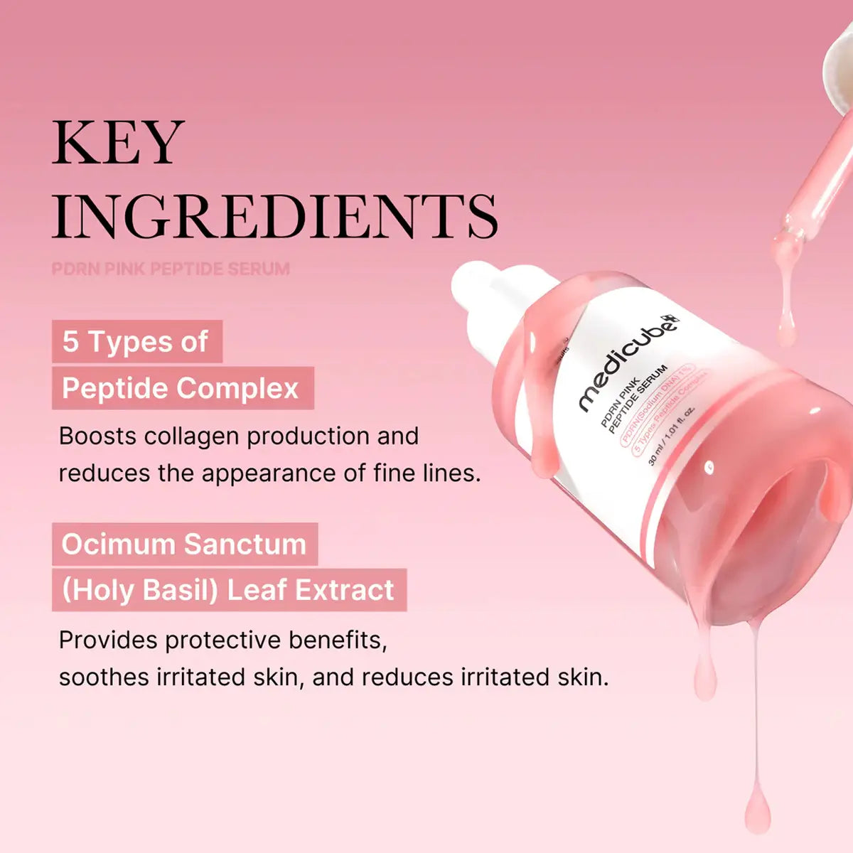 Pink peptide serum bottle with key ingredients listed on a pink background