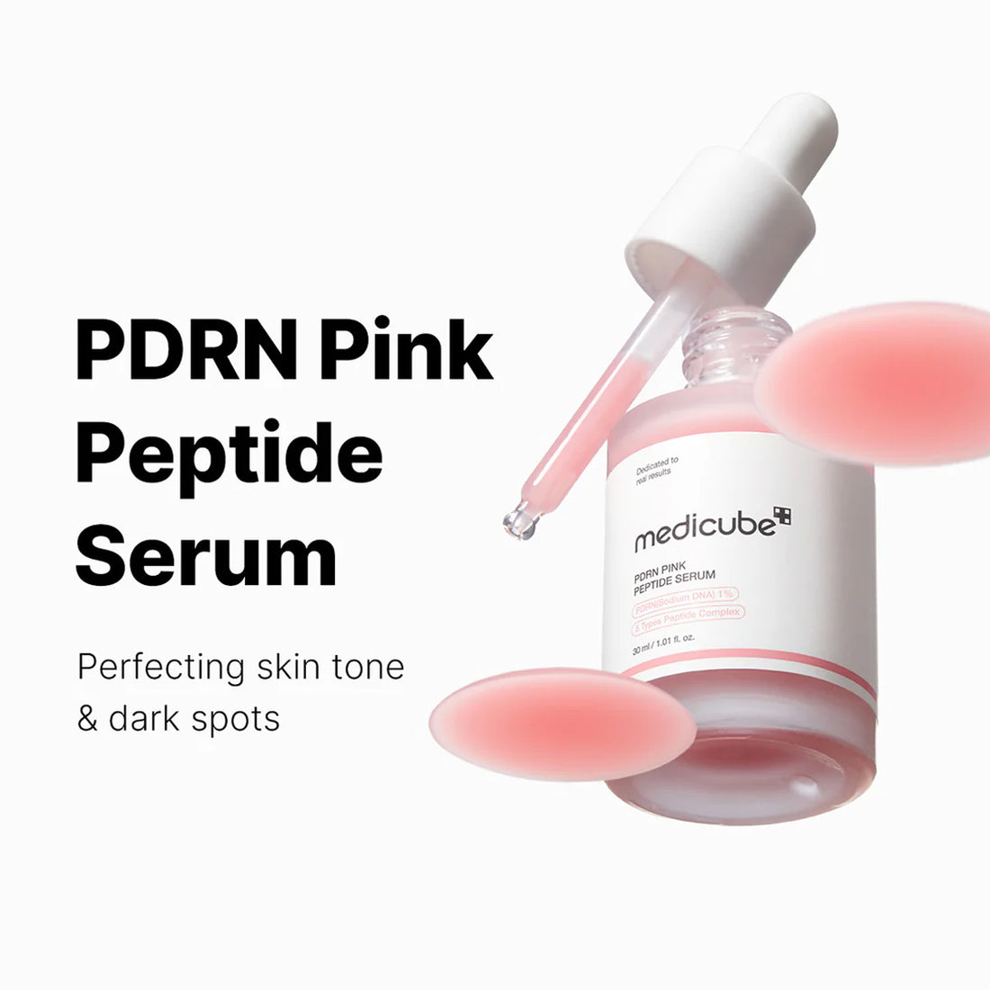 Medicube PDRN Pink Peptide Serum with dropper on a white background