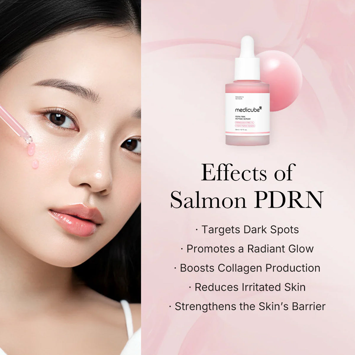 Woman's face with skincare product and text about Salmon PDRN effects on skin.