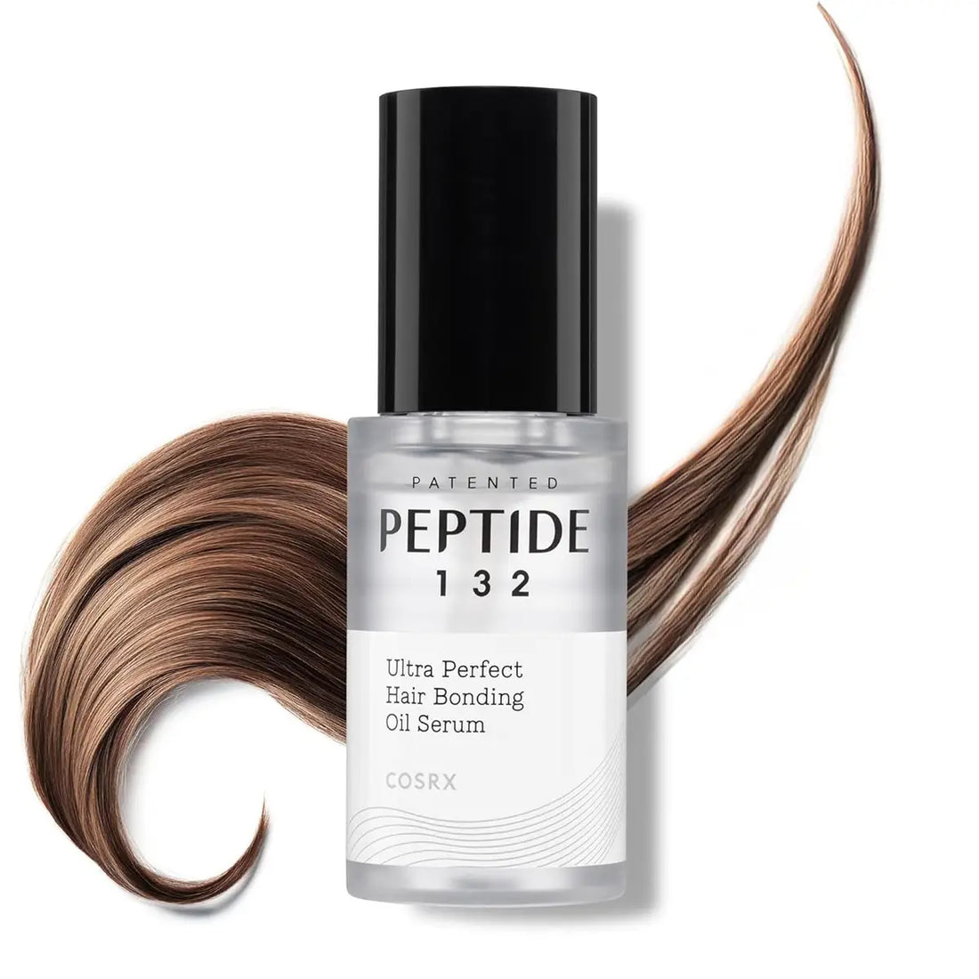 Cosrx Peptide 132 hair serum bottle with brown hair strands on a white background
