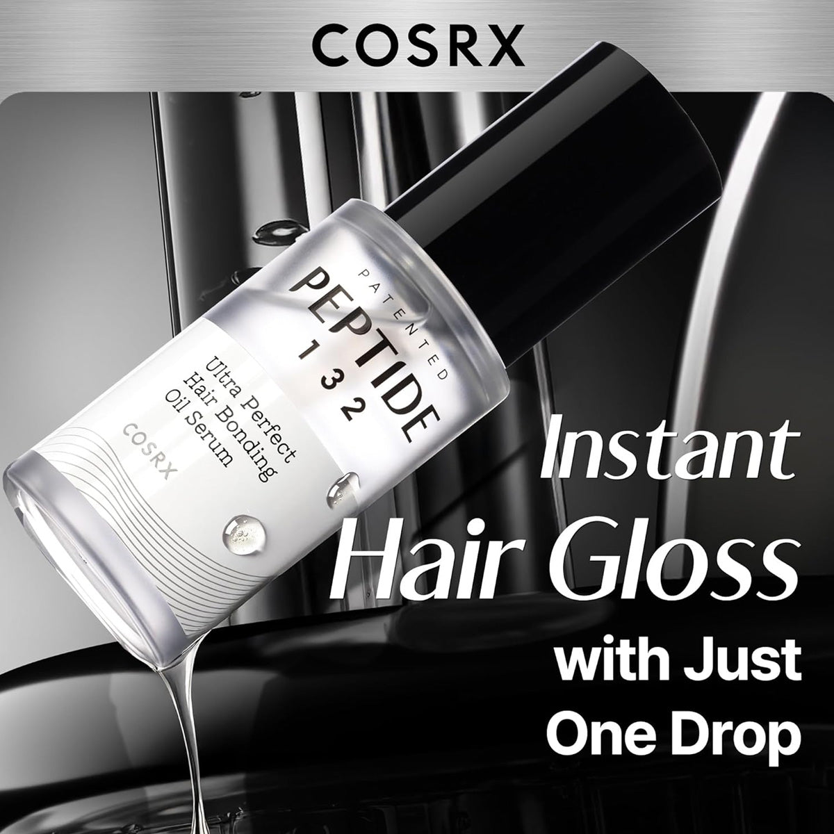 COSRX hair serum bottle with text about instant hair gloss on a reflective surface