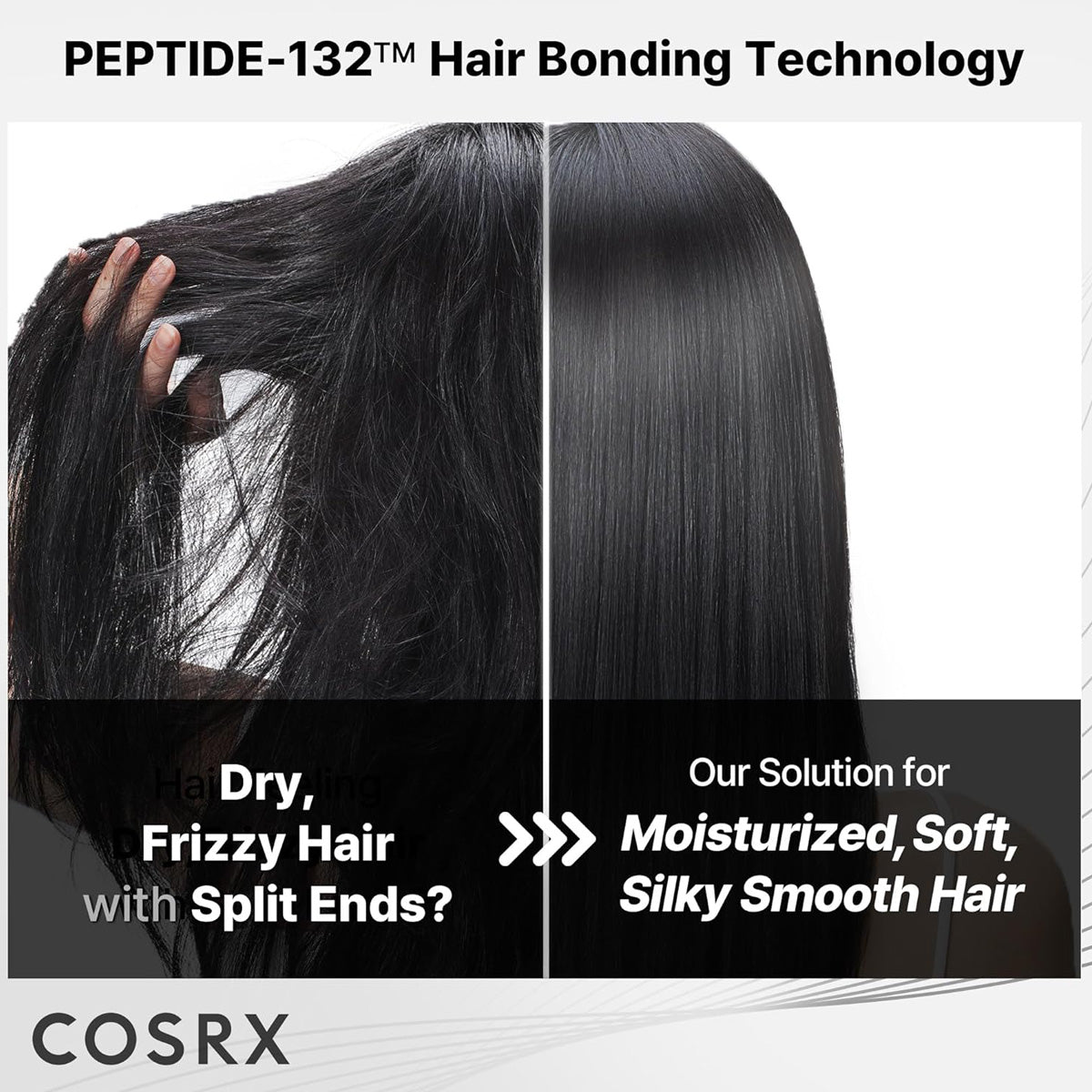 Cosrx advertisement for Peptide-132 hair bonding technology showing before and after effects on hair.