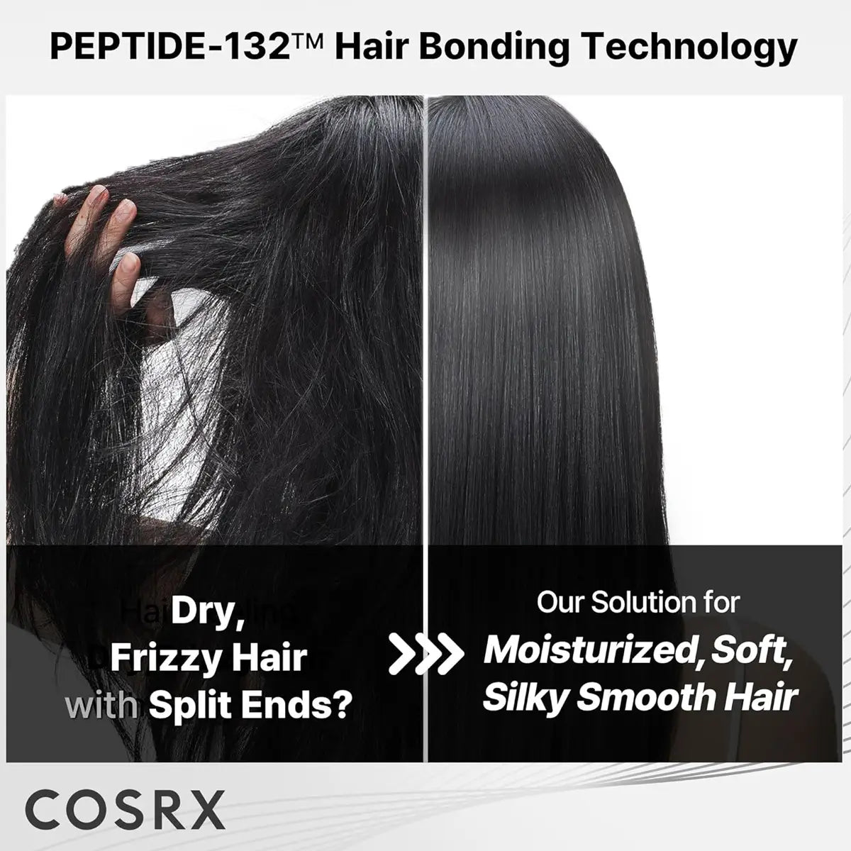 Advertisement for COSRX PEPTIDE-132 hair bonding technology showing before and after effects on hair.