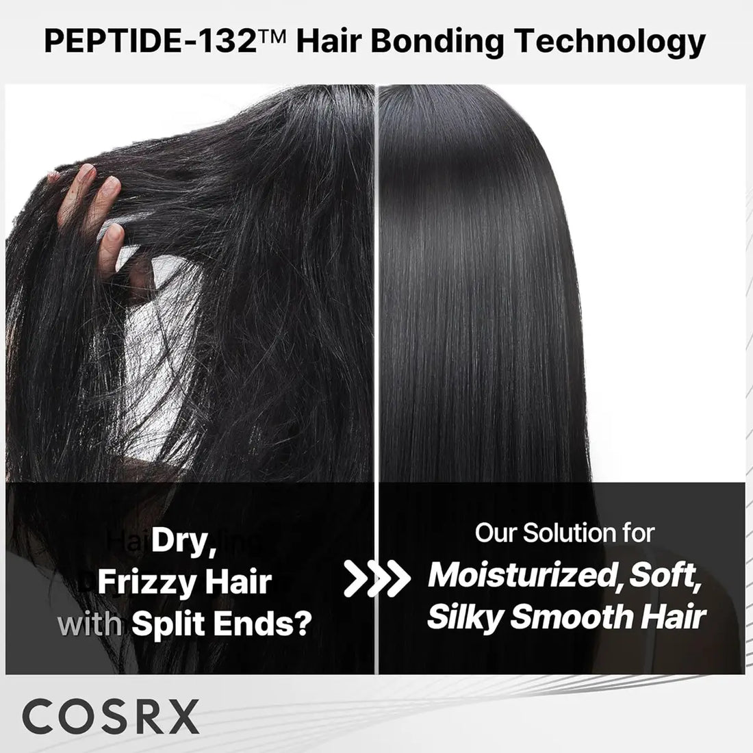 Advertisement for COSRX PEPTIDE-132 hair bonding technology showing before and after effects on hair.