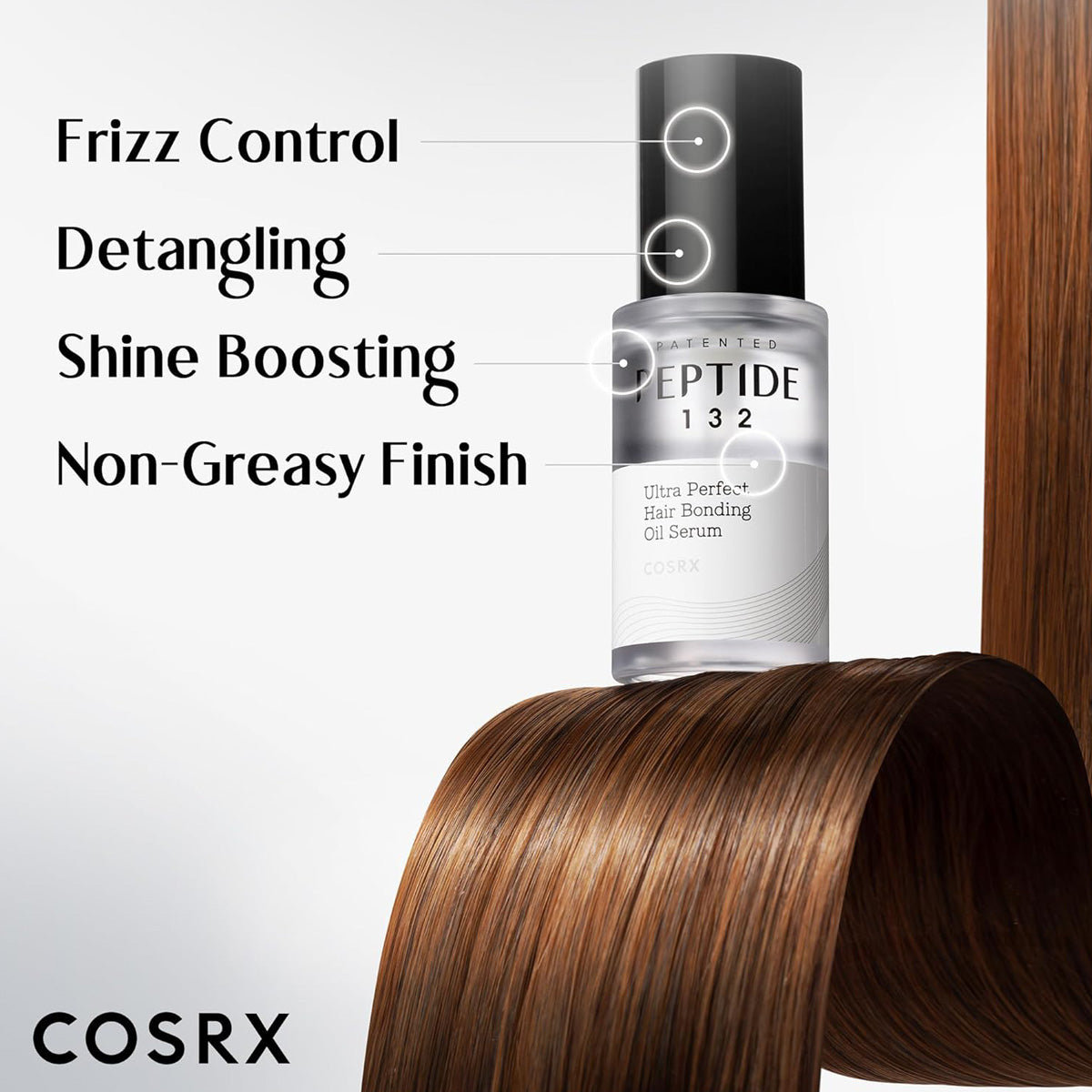 Cosrx hair serum bottle with text highlighting features on a white background