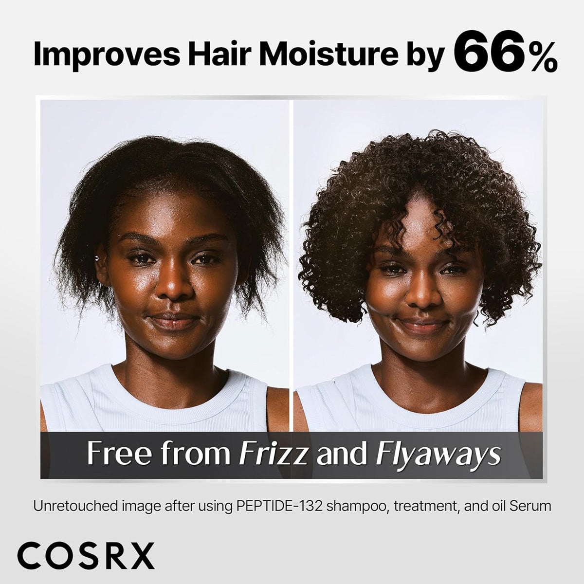 Before and after comparison of a woman's hair with COSRX product, showing improved moisture and reduced frizz.
