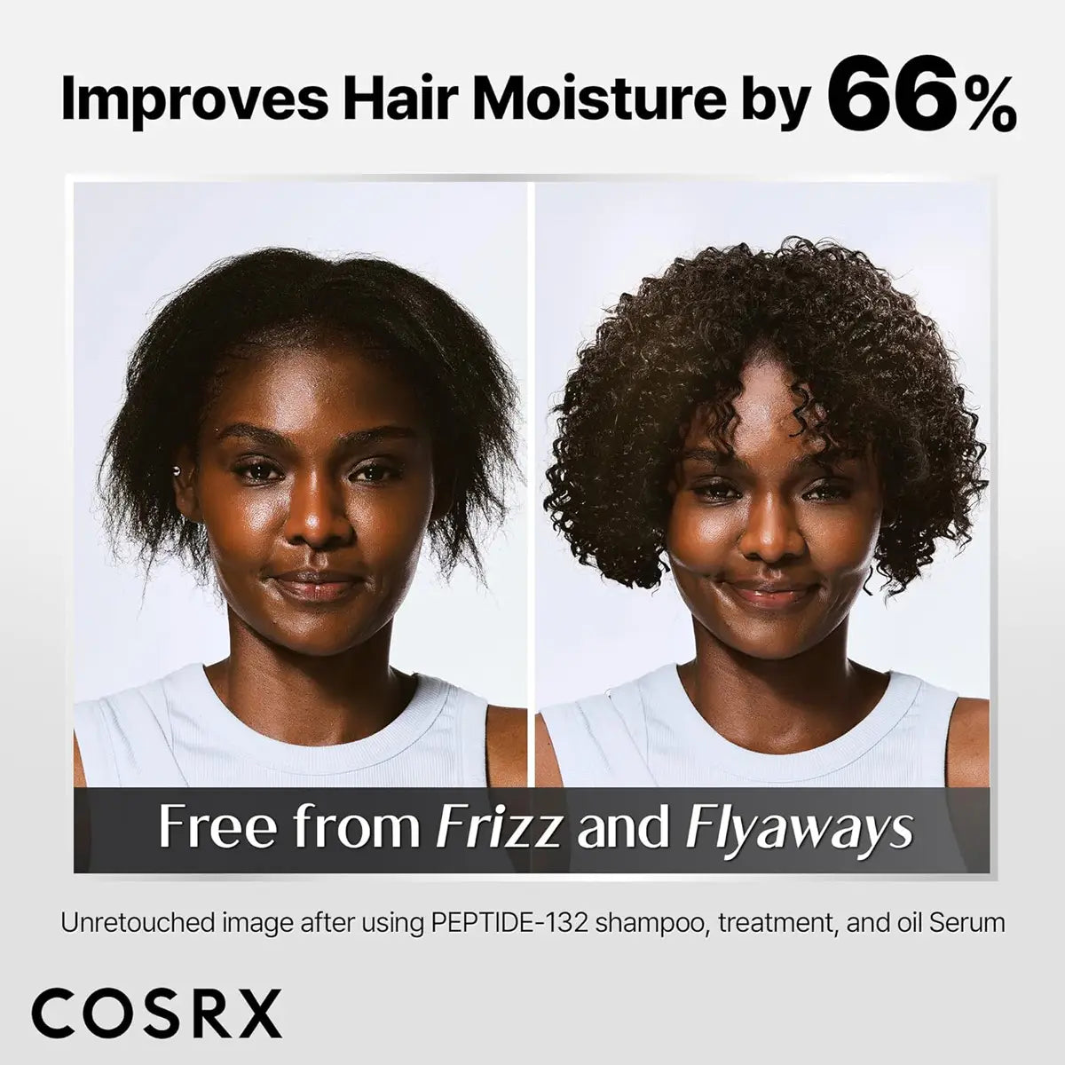 Before and after comparison of a woman's hair with text highlighting moisture improvement and COSRX branding.