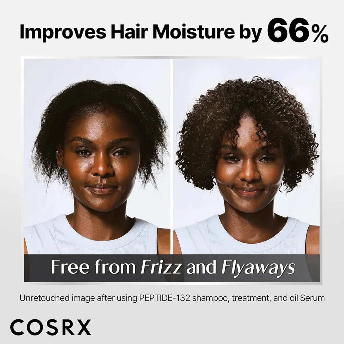 Before and after comparison of a woman's hair with text highlighting moisture improvement and COSRX branding.