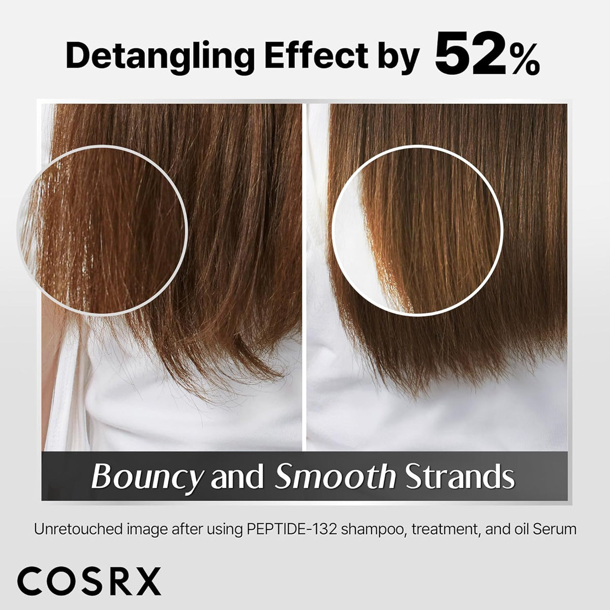 Before and after comparison of hair strands with COSRX branding, highlighting detangling effect.