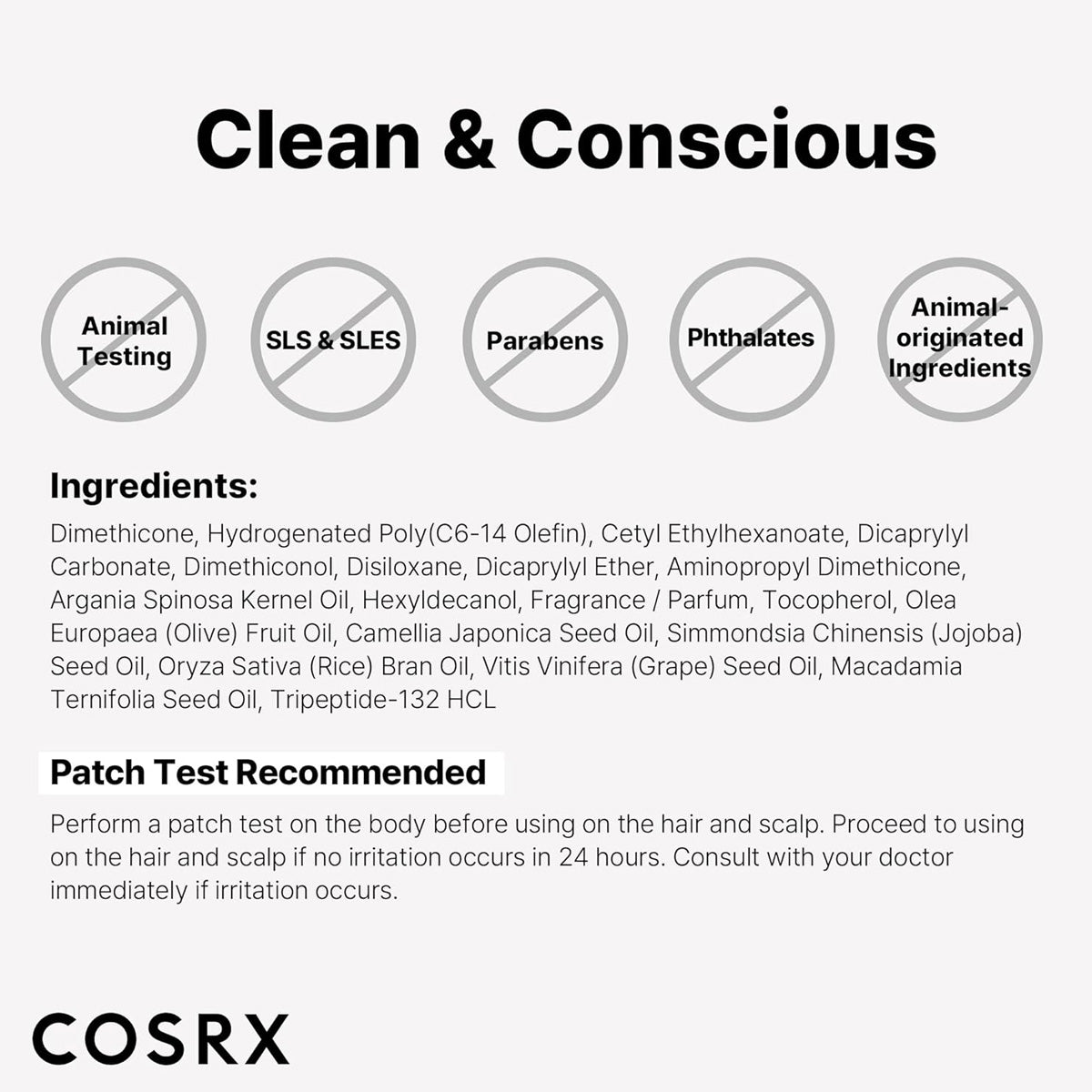 COSRX product label with ingredient list and safety information on a white background