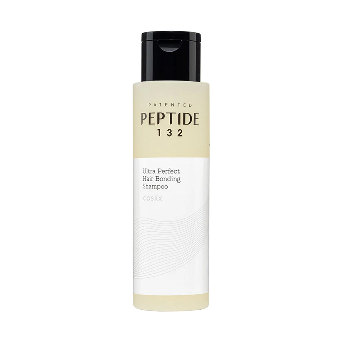 Shampoo bottle labeled 'Patented Peptide 132' on a white background
