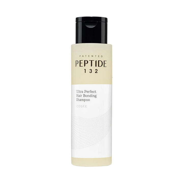 Shampoo bottle labeled 'Patented Peptide 132' on a white background