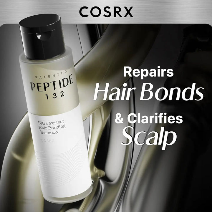 Cosrx shampoo bottle with text highlighting hair bond repair and scalp clarification on a blurred background