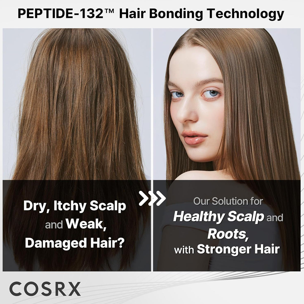 Cosrx advertisement for Peptide-132 hair bonding technology with a woman's face and hair before and after treatment.