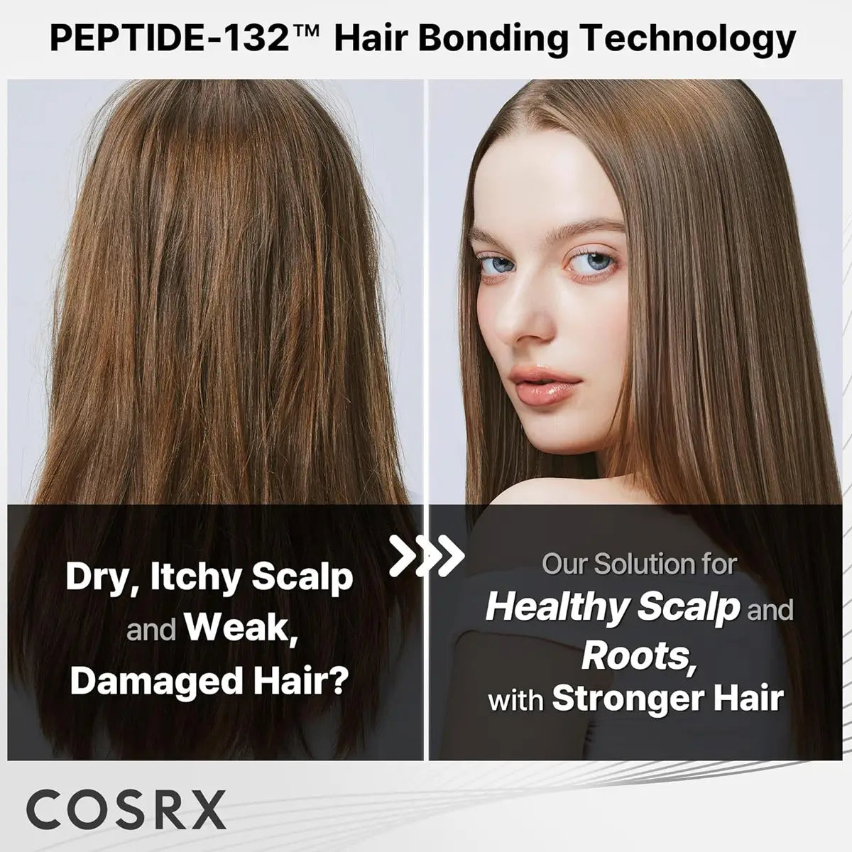 Cosrx advertisement for Peptide-132 hair bonding technology showing before and after effects on hair.