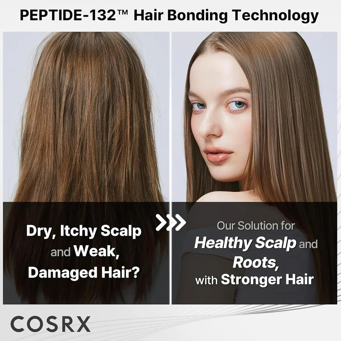 Cosrx advertisement for Peptide-132 hair bonding technology showing before and after effects on hair.