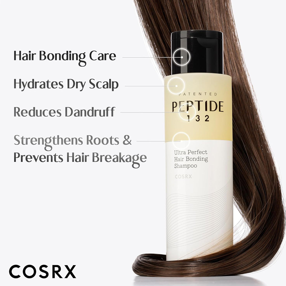 Cosrx shampoo bottle with text highlighting hair care benefits on a white background