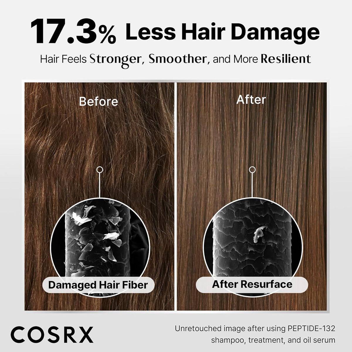 Before and after comparison of damaged and resurfaced hair with COSRX branding.