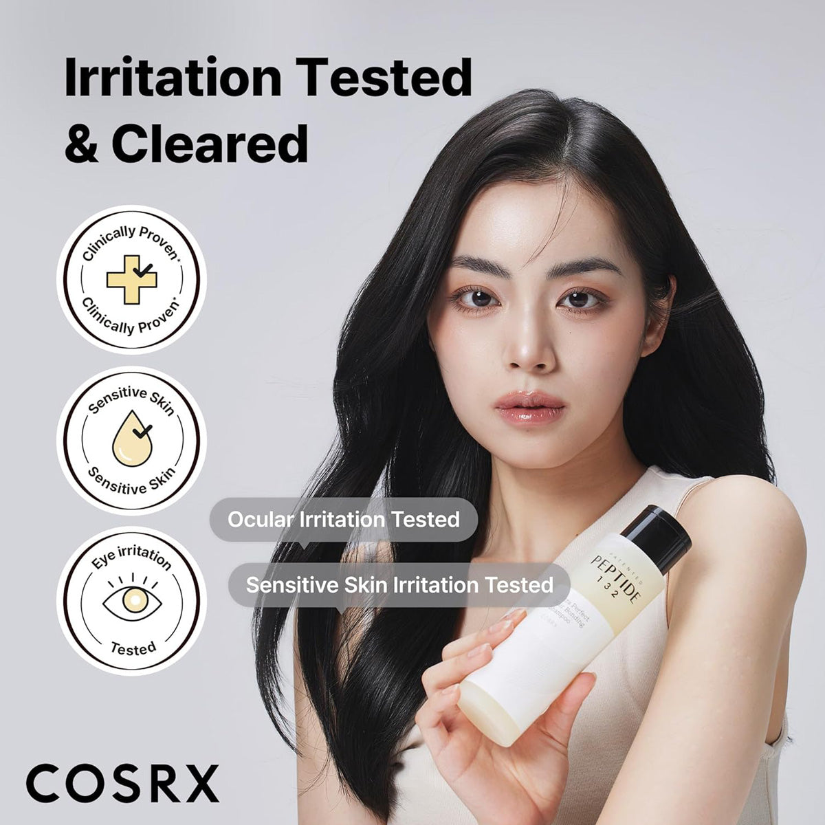 Woman holding a COSRX skincare product with irritation testing icons and text on a light gray background.