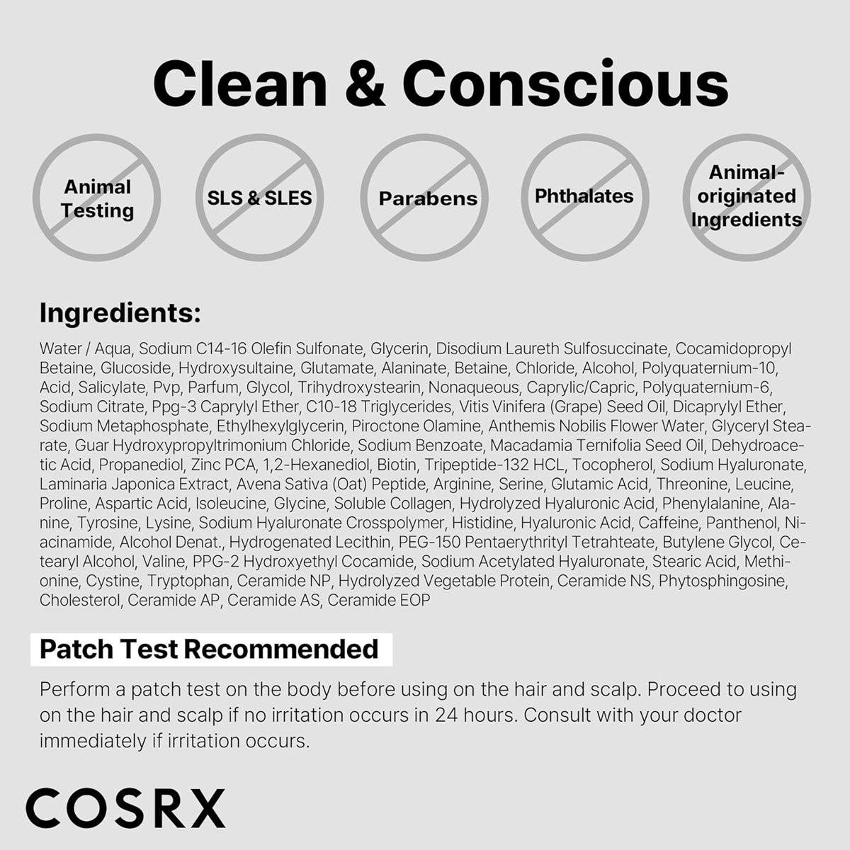 CosRX product label with ingredient list and safety information on a gray background