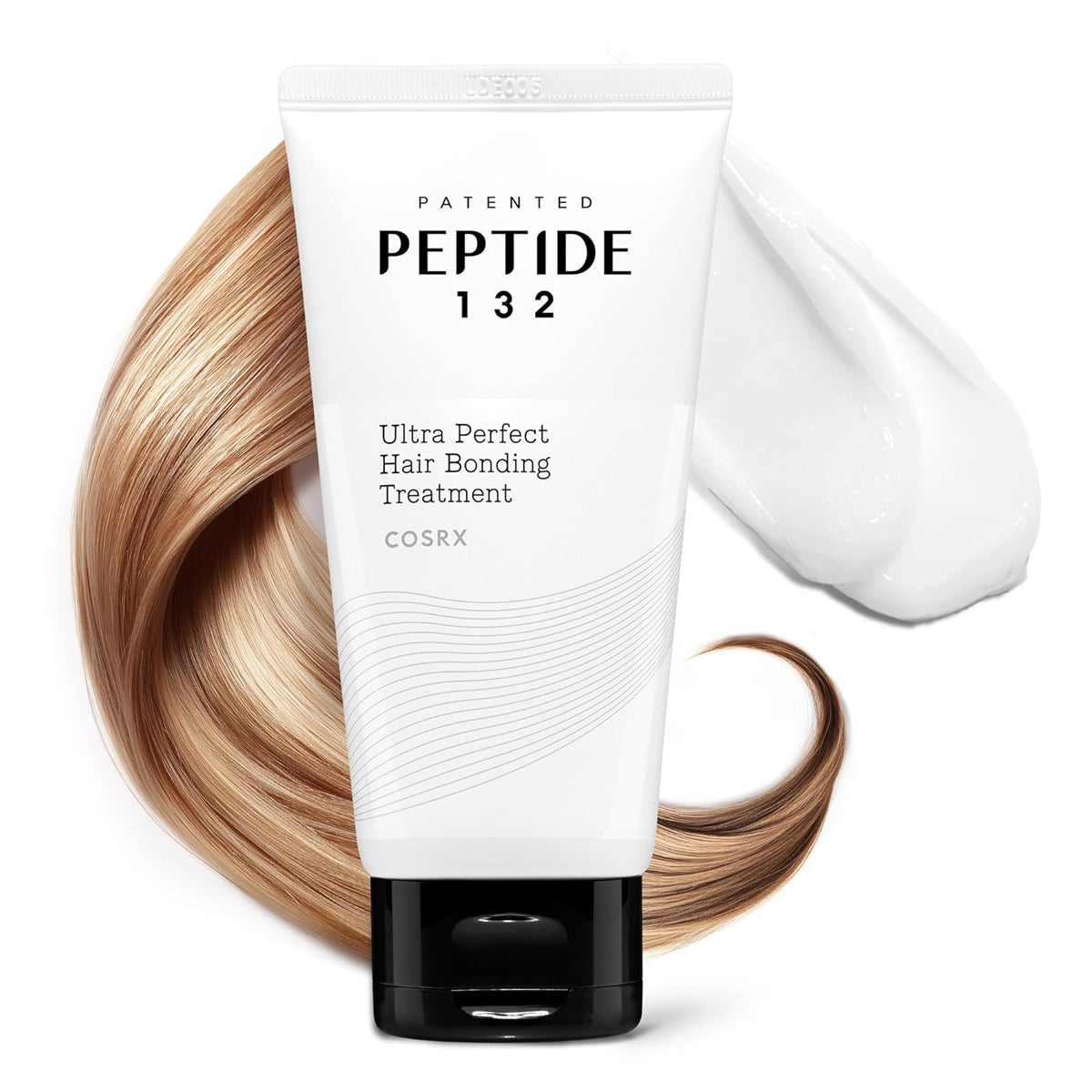 COSRX Peptide 132 hair bonding treatment with blonde hair strands on a white background