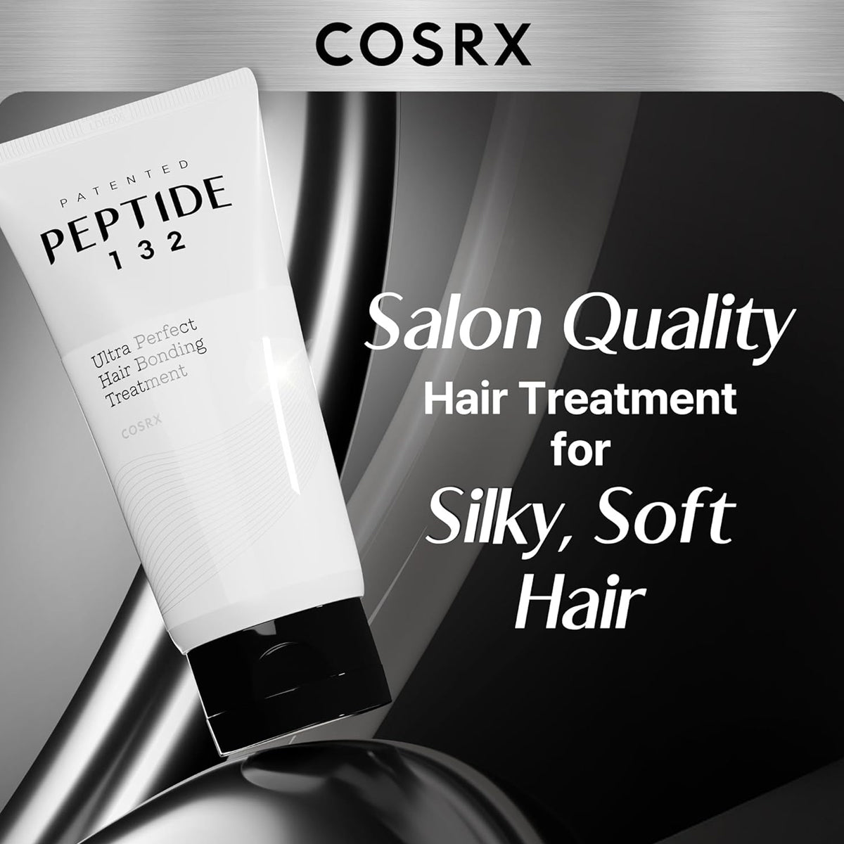 COSRX Peptide 132 hair treatment tube with promotional text on a reflective surface