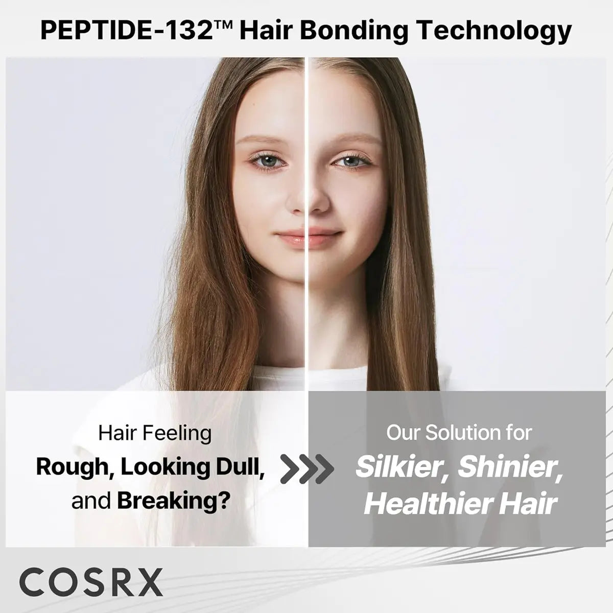 Advertisement for PEPTIDE-132 Hair Bonding Technology by COSRX with a split image of hair texture improvement.