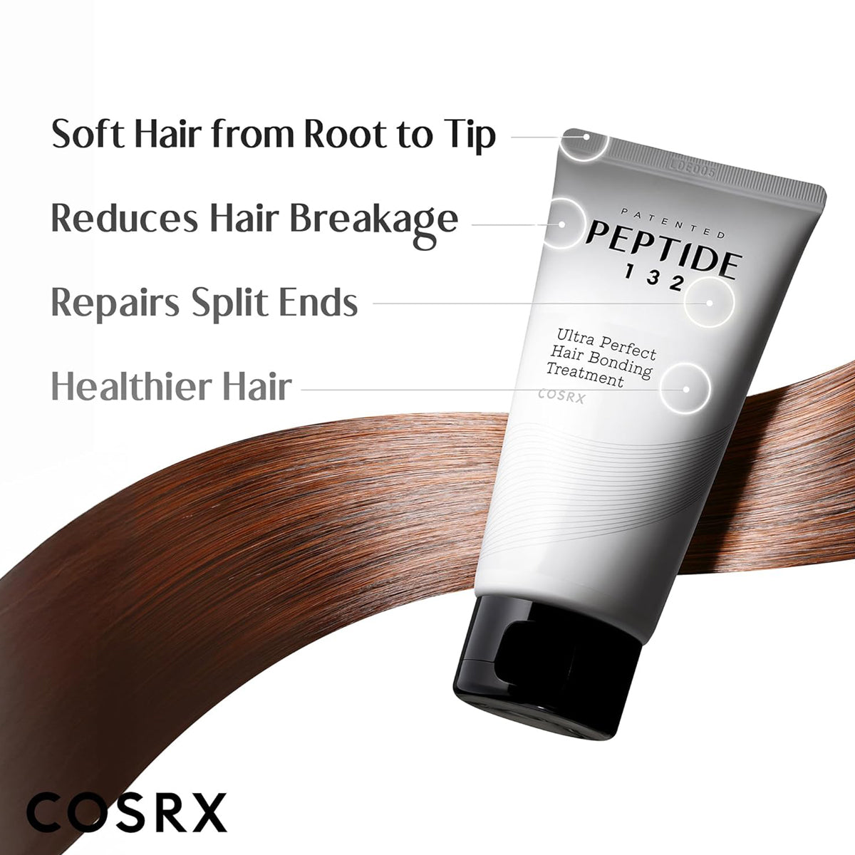 Cosrx hair treatment tube with brown hair strands and product benefits text on a white background