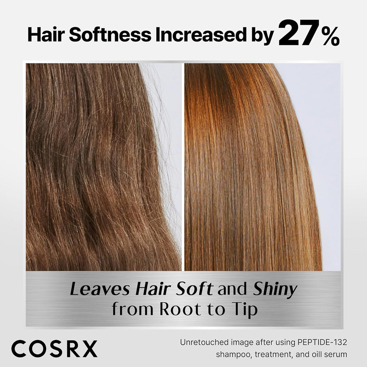 Comparison of hair texture before and after using COSRX products, with text indicating hair softness increase and brand name.