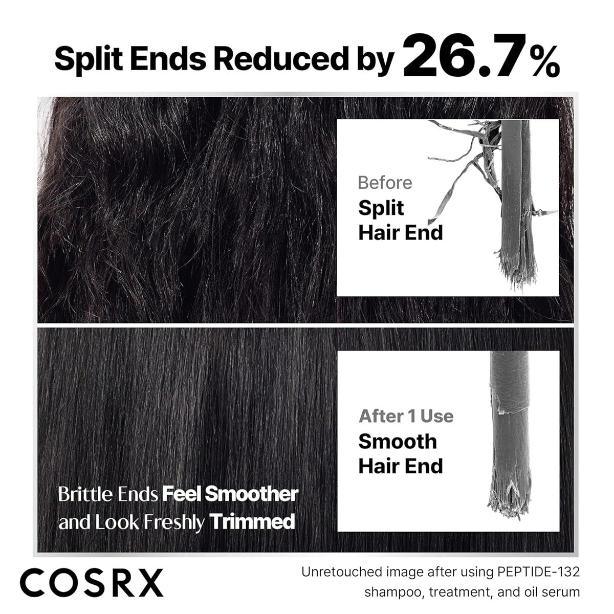Cosrx advertisement showing split ends reduction with before and after images of hair.