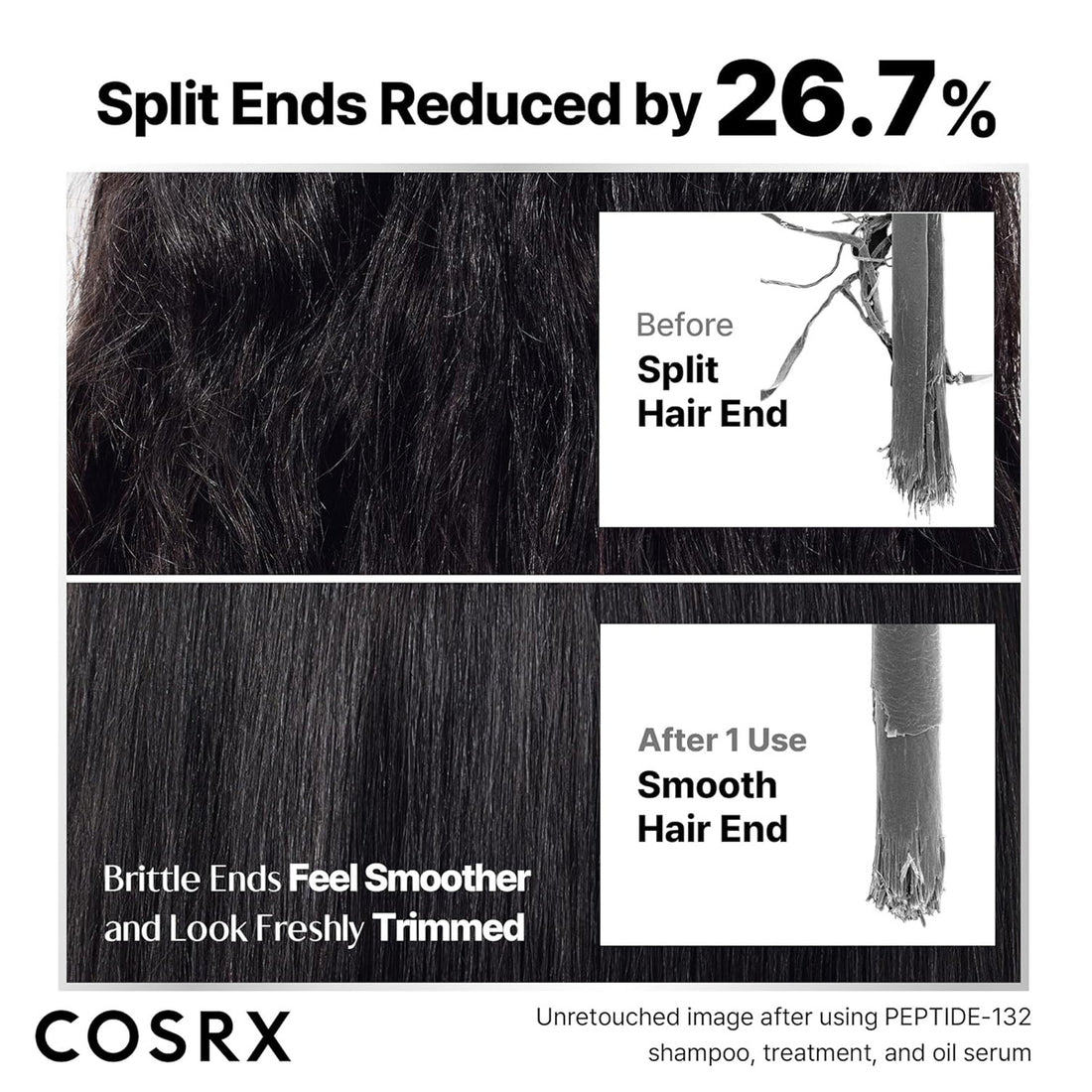 Cosrx advertisement showing split ends reduction with before and after images of hair.