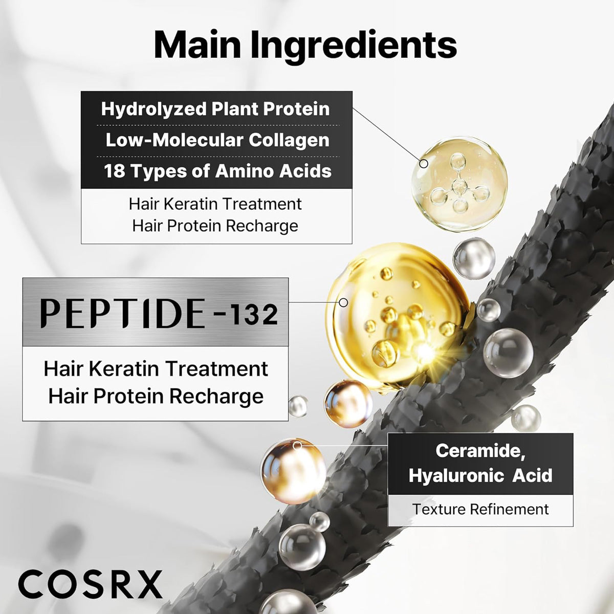 Cosrx hair product with labeled ingredients including hydrolyzed plant protein, low-molecular collagen, and peptide-132.