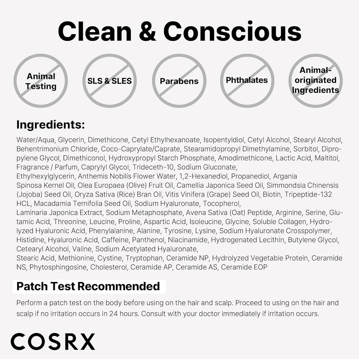 COSRX product label detailing ingredients and safety information on a white background