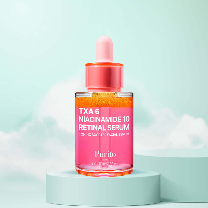 TXA 6% Niacinamide 10 Retinal Serum bottle on a pastel background, featuring a dropper and branding.