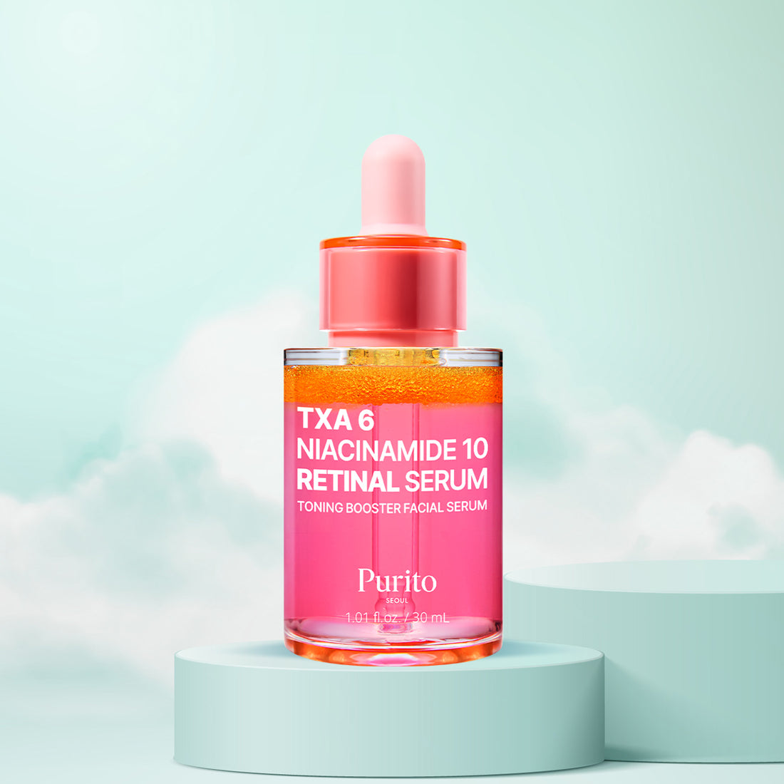 Purito TXA 6 Niacinamide 10 Retinal Serum bottle on a light blue background