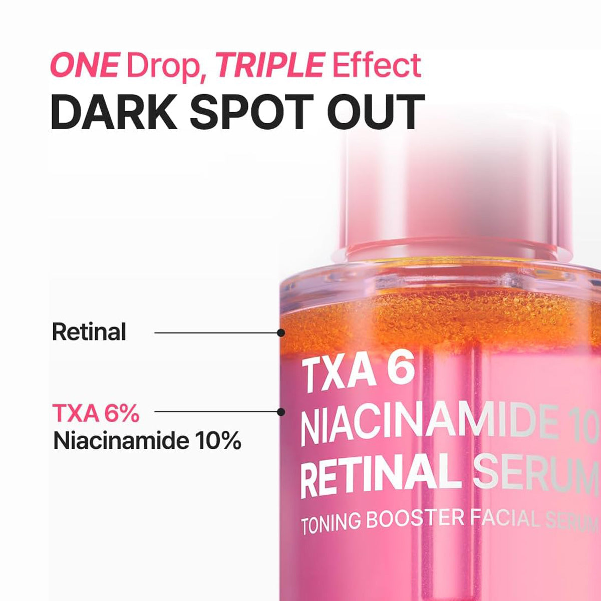Pink serum bottle with text highlighting 'One Drop, Triple Effect' and 'Dark Spot Out'.