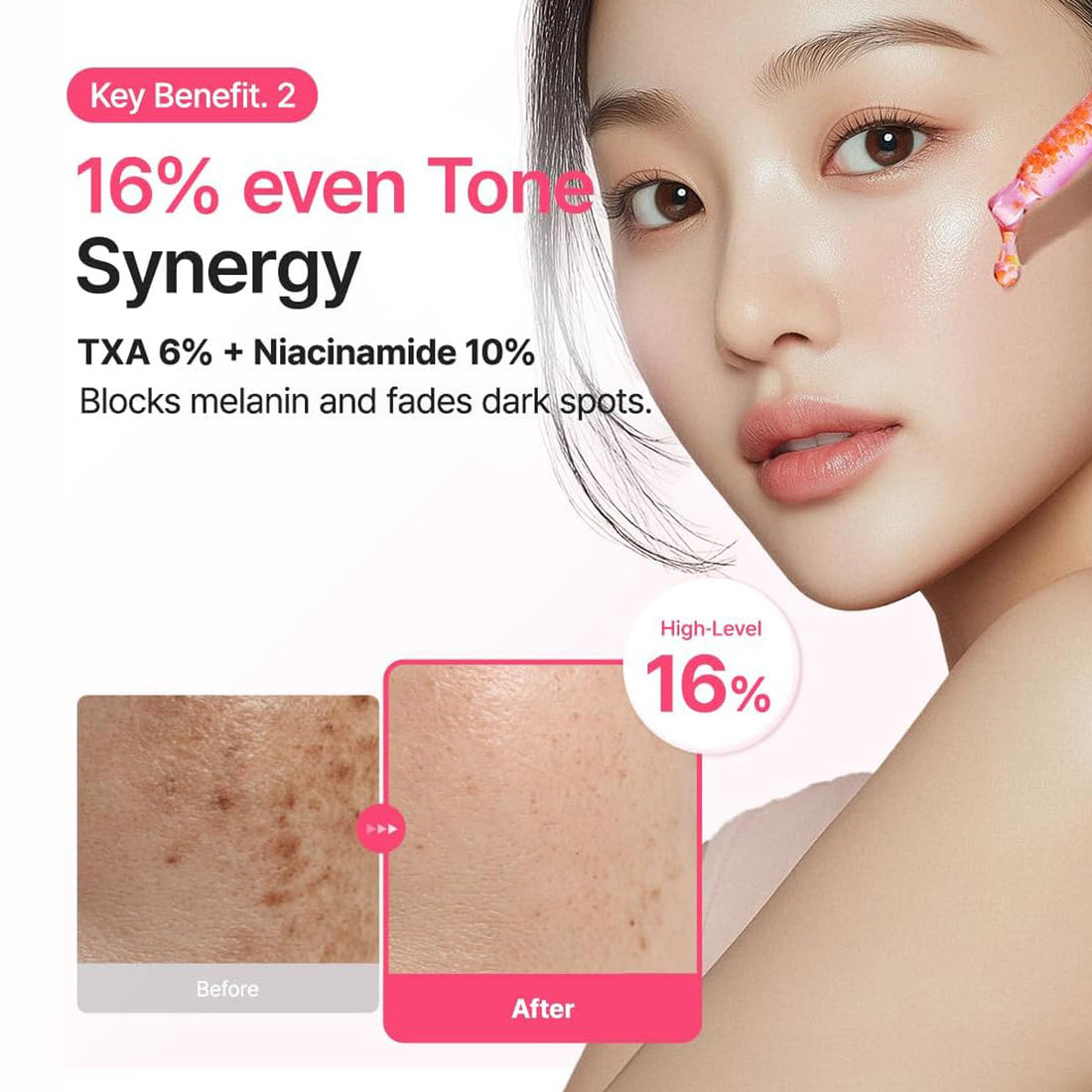 Advertisement for a skincare product with a woman's face and before-and-after skin comparison.