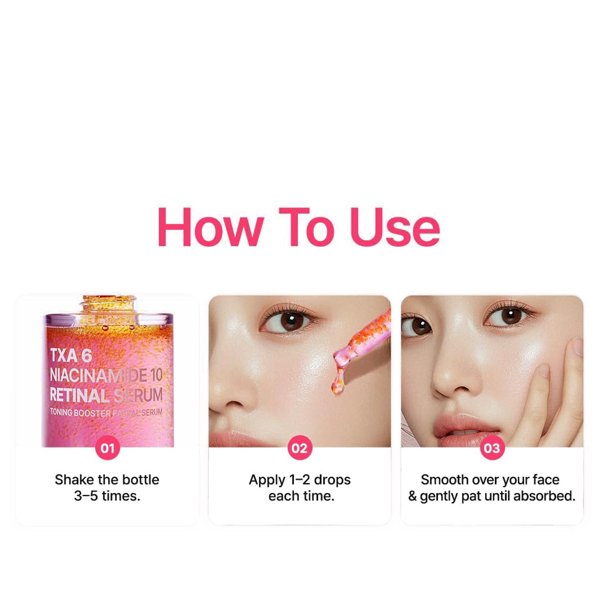 Instructions on how to use a skincare serum with a bottle and application steps.