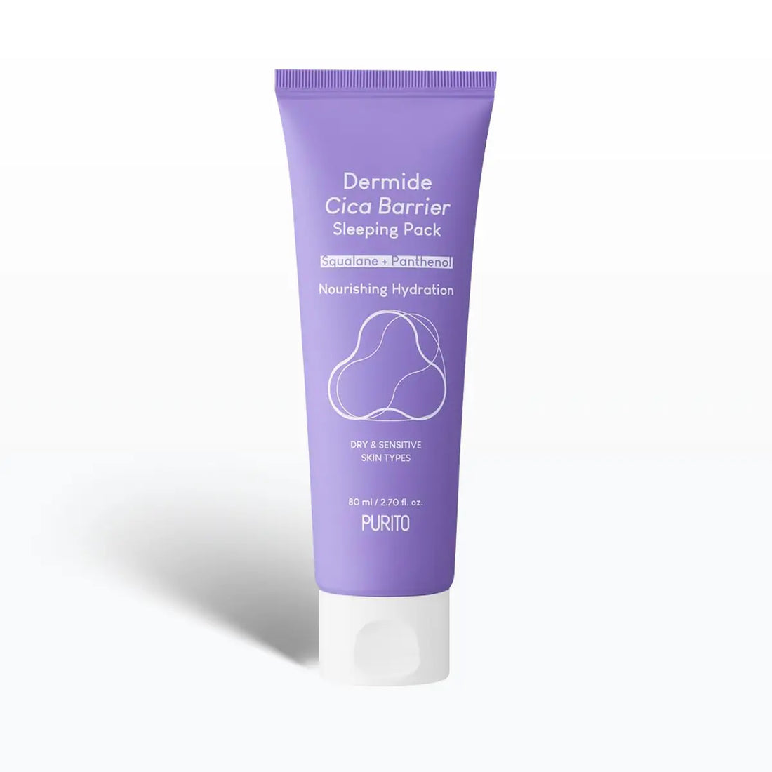Purple skincare tube labeled 'Dermide Cica Barrier Sleeping Pack' on a white background