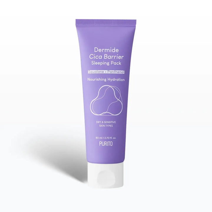 Purple skincare tube labeled 'Dermide Cica Barrier Sleeping Pack' on a white background