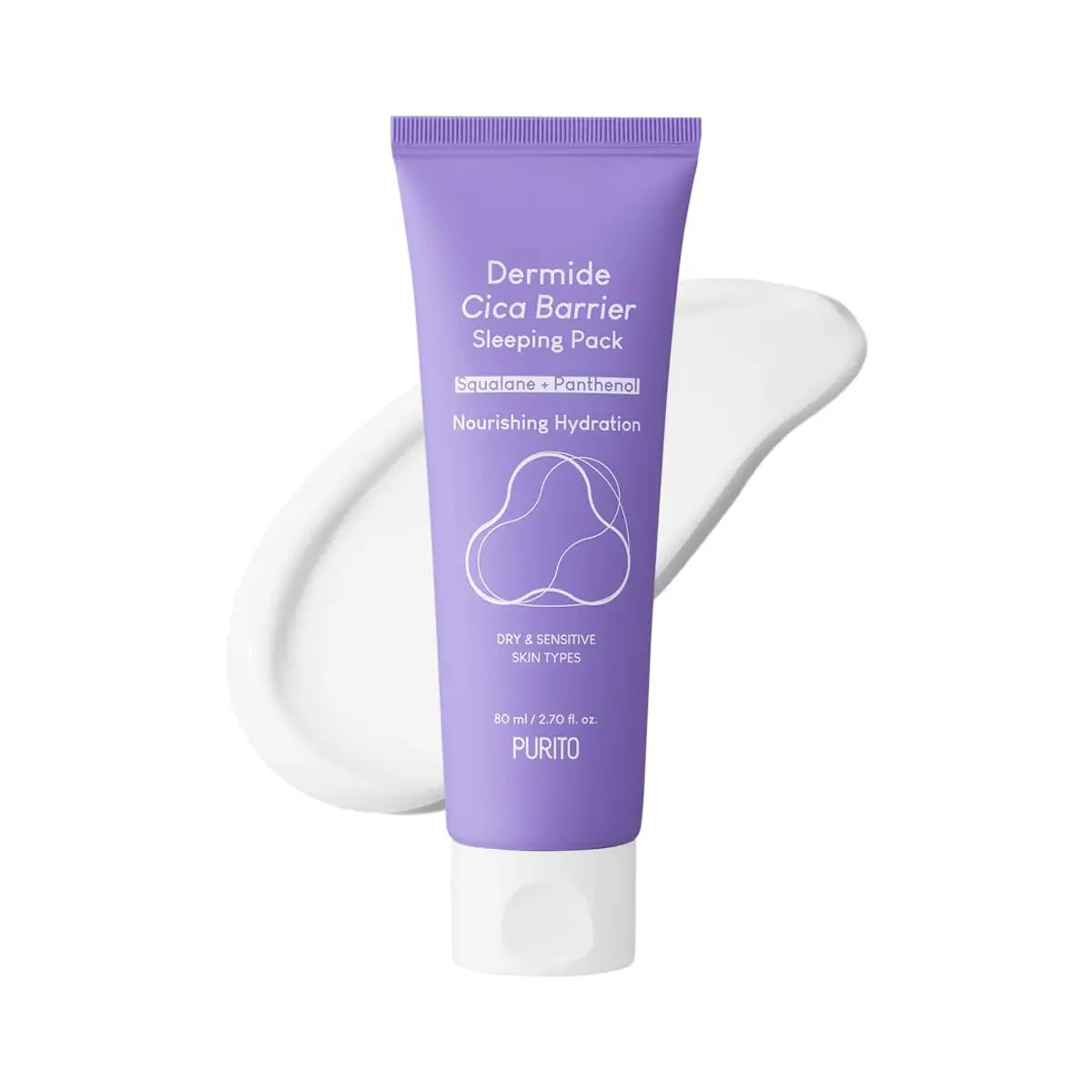 Purple tube of Dermide Cica Barrier Sleeping Pack on a white background