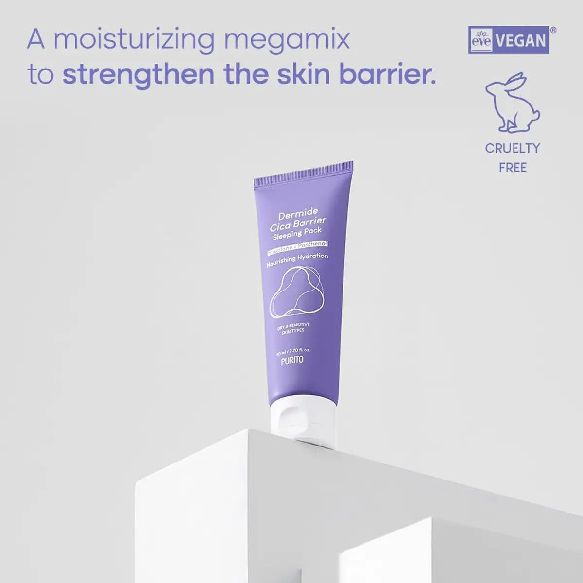 Purple tube of Dermite Cica Barrier Cream on a white background with text about moisturizing benefits.