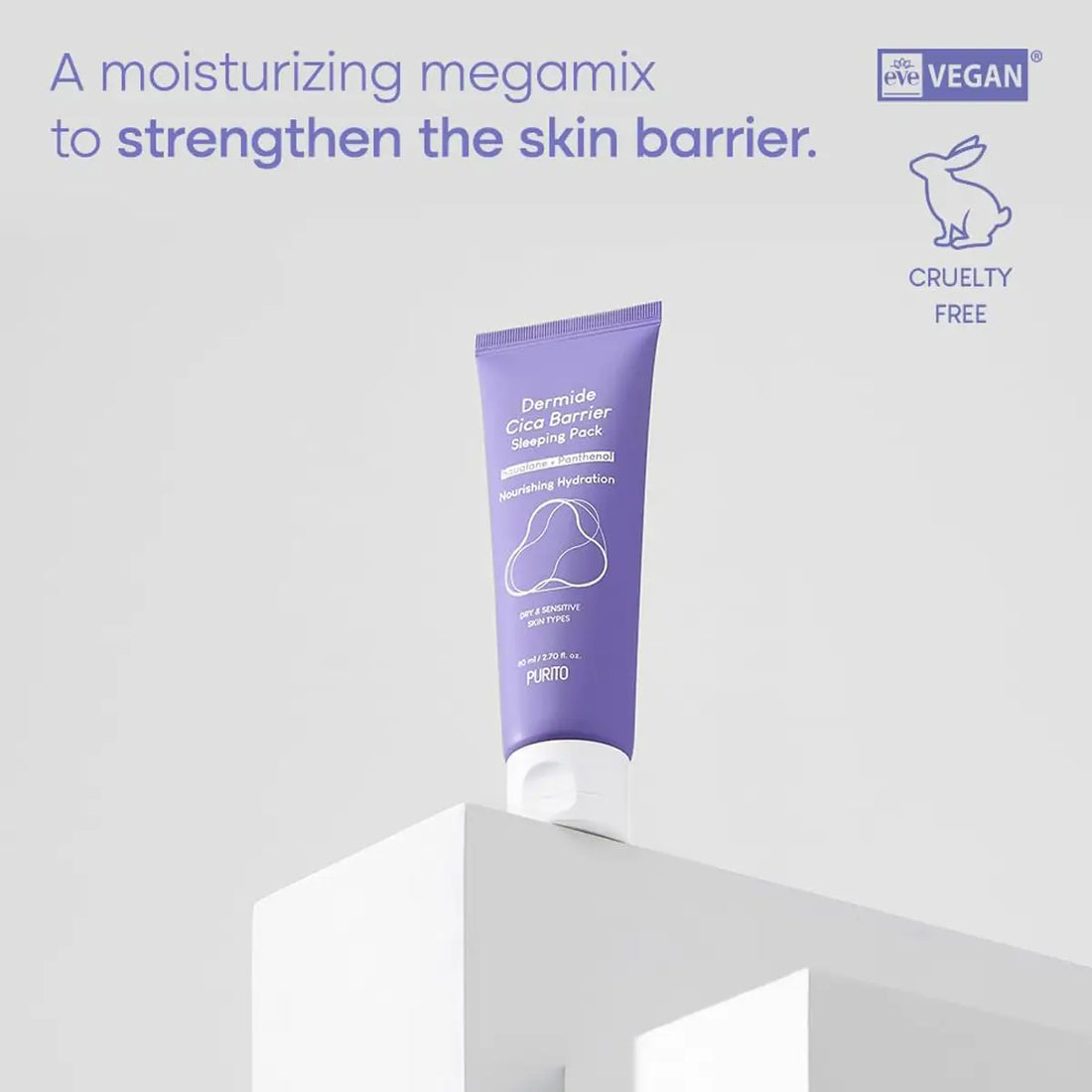 Purple tube of Dermite Cica Barrier Cream on a white background with text about moisturizing benefits.