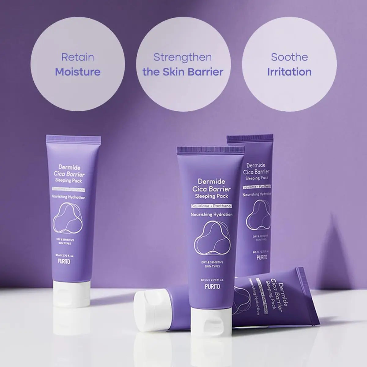 Three purple skincare products with text on a purple background